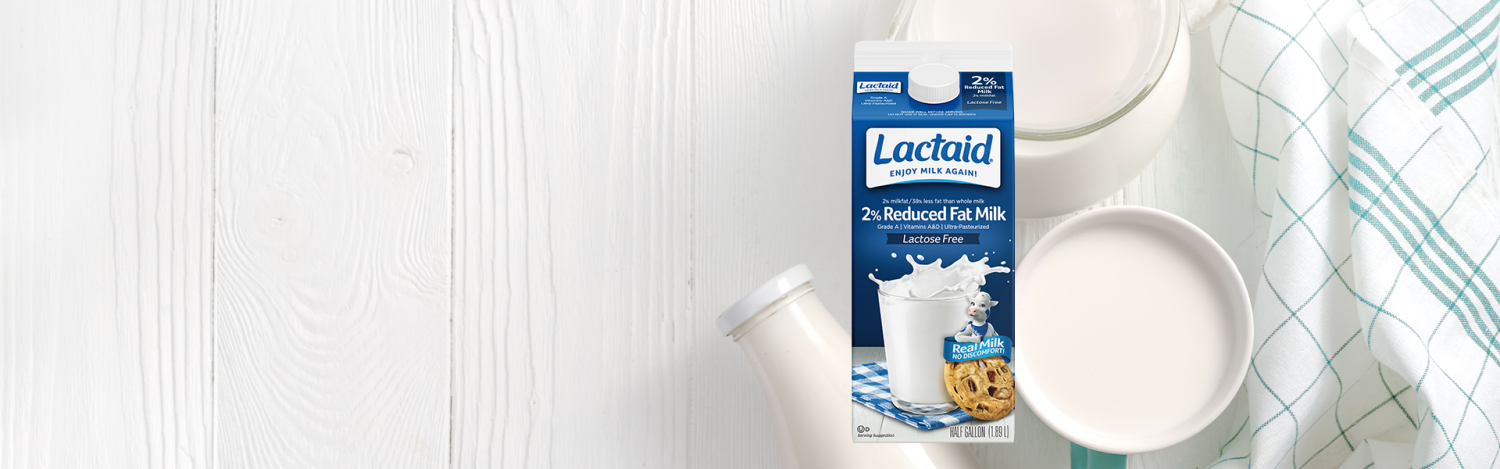 Lactaid milk carton with bowl of Lactaid milk